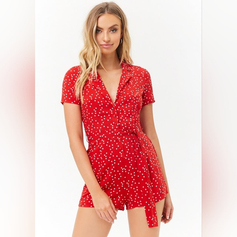 EUC Forever 21 Retro Red Polka Dot Pinup Romper